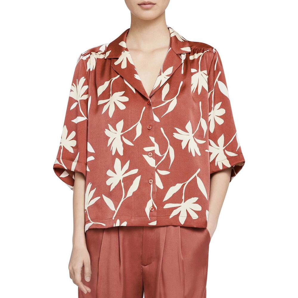 Nwot ANINE BING Top S Silk Leaf Brown-White 1/2-Sleeve V-Neck Collar Button-Up